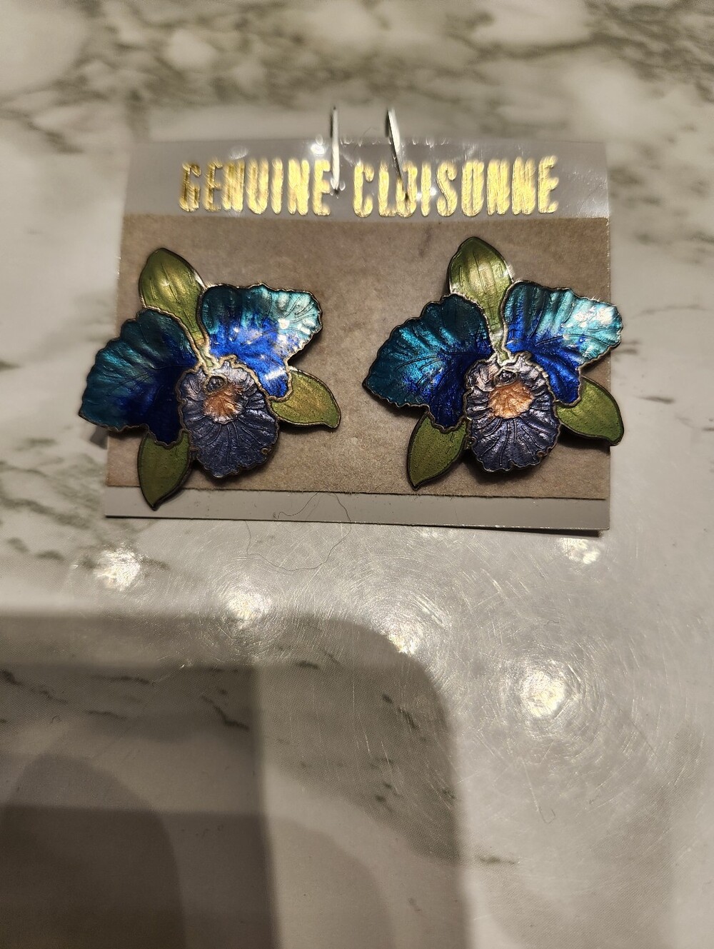 Genuine Vinyage Cloisonne Blue Flower Stud Earrings